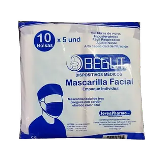 Tapabocas Azul Begut Paquete X10 Bolsax 5 Unds Begut